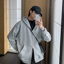 Hualun autumn winter plus plus plus thick hooded sweatshirt jacket mens cardigan zipper ins sport cotton belt cap gray