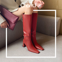 Red boots female winter leather high-heeled large-tube boots Knight boots square head thick-heeled high-barrel pile boots 096C