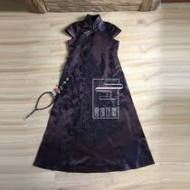  Cloud decoration totem original design womens robe Old satin Peacock Chinese style stand-up collar hemming slim slim dress