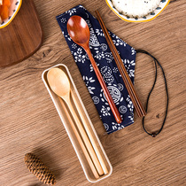 Portable solid wood chopsticks and spoons Japanese household spoon and chopsticks two-piece set Special person dedicated take-away storage box