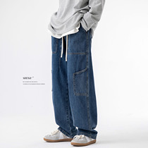 American retroins multi-pocket wide-legged jeans male tide loose straight tube new casual trousers in autumn