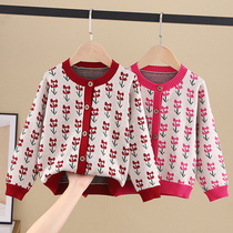 Childrens knitted cardigan 2021 new V-neck foreign style girls sweater spring and autumn boys baby cotton coat tide