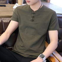 Linen short-sleeved mens plate buckle top Chinese style mens summer 2020 trend slim v-neck cotton and linen t-shirt dx