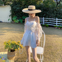 South Korea ins Net red holiday swimsuit female sexy conjoined white sling long sleeve fairy fan student small chest gathering