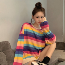 Korea Tide brand 2021 new autumn long sleeve loose rainbow color round neck thin large size oversize sweater women