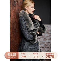U N Q Angola leather leather fur fox fur fox collar irregular hem long coat women