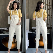 Denim sling pants women spring loose Korean version of high waist slim college style white new student sling ankle-length pants