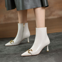 Fan-style short boot female winter plus suede high heel 2022 new genuine leather custard fine heel white boots small heel spring autumn single boot