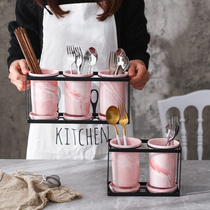 Nordic kitchen ceramic chopsticks tube household glossy anti-mildew tableware chopsticks storage box cage porous drain can be hung wall