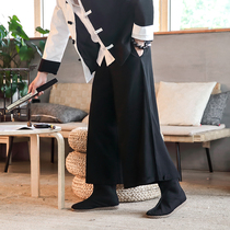 Autumn and winter Chinese style wide leg pants mens buckle linen straight casual pants large size loose skirt pants cotton linen 9 points pants