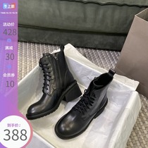 (Lu Xiaobu) ann Martin boots female leather thick heel thick bottom spring and autumn single boots middle tube lace black short boots