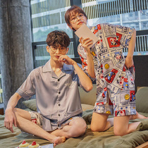 Couple pajamas womens summer short sleeve Ice Silk thin cute cartoon spring summer Silk mens home clothing set