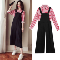 Pregnant women autumn suit fashion 2021 new spring and autumn Korean version of the wide-legged pregnant bib pants two-piece set tide mother