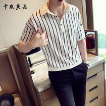 European Station 2021 summer new striped shirt men Korean trend shirt five points medium sleeve Ice Silk loose T-shirt