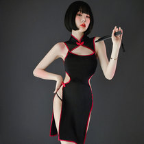 Sexy Eroy Underwear Small Chest Hollowed-out Transparent Seductive Bed Teasing Classical Open Fork Qipao Uniform Sleeping Dress Girl
