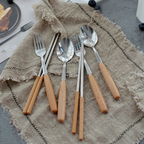 Japanese portable tableware wooden handle spoon household cutlery cute wooden handle chopsticks fork fruit fork