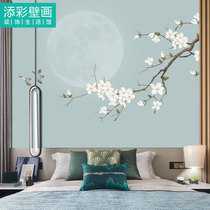 Modern new Chinese TV sofa wallpaper blue green fresh plain magnolia flower and bird Wall cloth seamless whole wall painting