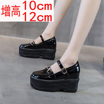 Autumn-style small leather shoes female inner heightening heel 12 cm winter plus velvet slopes heel 10 cm black small code thick bottom pine pastry shoes