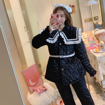 Winter three-tier clip cotton thickened lady coral gold drilling suede sweet and cute Korean princess outside wearing a black home dress