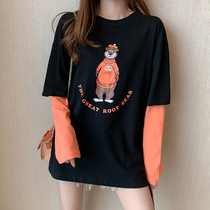 Net Red Autumn Winter Pure Cotton Splicing Long Sleeves Fake two clothes with small crowd design Feeling T-shirt Dress Ins Women Tide