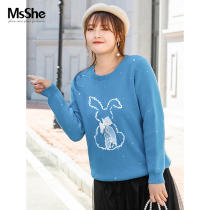 MsShe plus size womens slightly fat winter bunny bow pin imitation rabbit velvet yarn soft glutinous jacquard sweater
