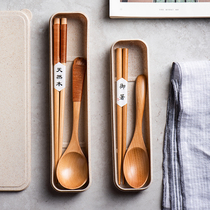 Japanese-style natural solid wood chopsticks spoon boxed portable tableware Student travel to work bento wooden spoon chopsticks boxed tableware