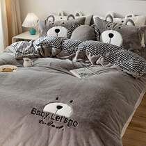 Spring and Autumn Bear Four Pieces Princess Style Coral Velvet quilt cover Bed Sheets