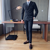 Suit suit mens casual business formal wedding Korean version slim and handsome British style double-breasted suit two-piece suit