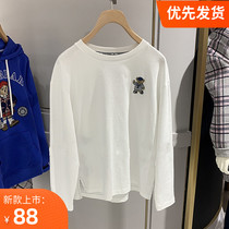 2022 spring new pure color loose color Lean Embroidery Small Bear Round Collar Long Sleeve T-shirt Woman TTLA221201P