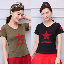 Military fans outdoor short-sleeved sailor dance costume black V-neck five-pointed star short-sleeved square dance cotton T-shirt large size female