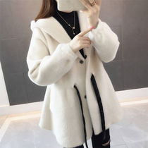 Spring and Autumn Jacket 2021 New Casual Hooded Waist Ladies Imitation Mink Velvet Caramelia Net Red Knitted Jacket Loose