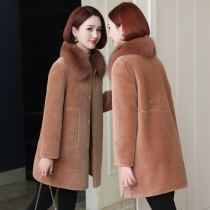 zqqz cashmere coat women long fox fur collar new slim grain wool fur coat 2029