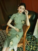 Green Printed Qipao Improved Version of dress Dress Temperament Elegance Long retro Everyday Young Girl Summer