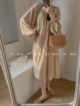 Spring and summer linen seaside holiday well worn with loose tenderness and dress milky tea colour French style over knee long skirt large hem skirt