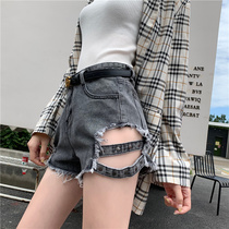 2021 summer new smoke gray slim a-shaped high waist denim shorts women loose size fat MM wide leg hot pants tide