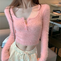 Fanchy mohair knitted base shirt Womens Spring New Gentle wind sweet pink short long sleeve tight sweater