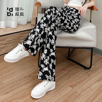 Top Guagua 2022 Summer New Ice Silk Wide-Leg Pants Womens Thin Casual Wide-Leg Pants Drag Floor Print Small Man