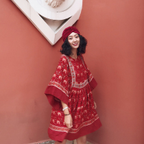 Cat Inn Homemade Thai Boho Printed Crew Neck Beach Resort Red Dress