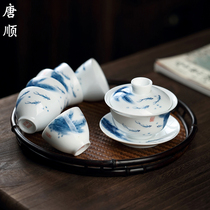 Tang Shun Hand-painted Ceramic Cover Bowl Tea Cup Kung Fu Tea Drinking Tea Drinking Cup Fair Cup Tea Tea Tea Tea Tea Tea House Green Flowers Three Only Bowl