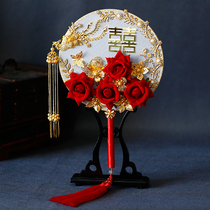 Cute bride Chinese wedding bride married red simulation flower double - sided golden ancient cluster fan with flowers
