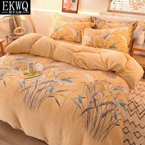 EKWQ winter thickened milk velvet four-piece double-sided coral velvet duvet cover warm flannel plus velvet sheets on the bed