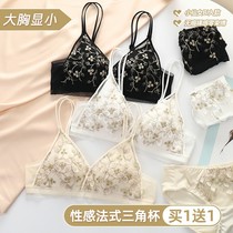 Sexy French triangle cup lingerie womens big breast show small no underwire thin embroidered girly back bra set