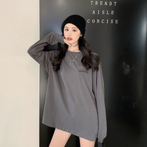 Korean version of white cross flower undershirt T-shirt female long sleeve autumn winter 2020 new medium long printed round collar inner lap