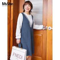(Polished) MsShe large size womens 2021 new fat sister autumn and winter color fake two knitted jumpsuit dress