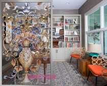 Customized craft carved art glass porch partition screen background wall double-sided carved gold foil European vase