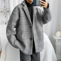 Net red wool coat mens Tide brand spring and autumn Korean version of the trend loose bird grid trench coat Joker woolen cloth coat