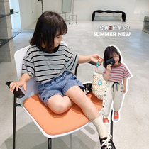 Girls Stripe Short Sleeve T-shirt 2021 Summer New Korean version of childrens girls summer round neck top base shirt