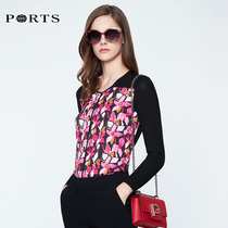 PORTS WOMENs ELEGANT V-neck printed stitching sweater LN8K436RKE004