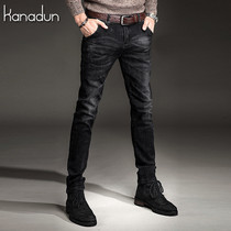 Tide Cards Autumn Winter Jeans Male Korean version plus suede thickened black Mid Waist Small Leggings Pants Youth Elastic Men Pants