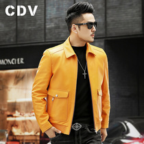The first layer of pure cowhide 2021 autumn Haining leather leather mens motorcycle lapel leather jacket short jacket yellow